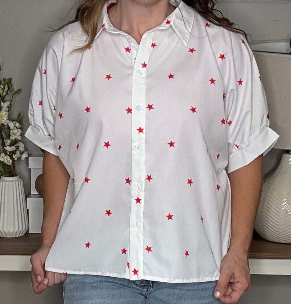 Grateful Threads Boutique White Red Little Stars Half Sleeve Shirt - Shirts white red little stars blouse