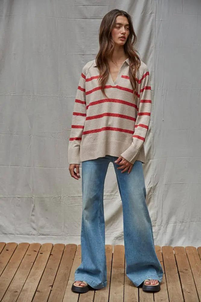 By Together Knit Sweater Striped Collar V-Neck Pullover in Taupe with Red Stripe - Sweaters Knit Sweater Striped Collar V-Neck Pullover