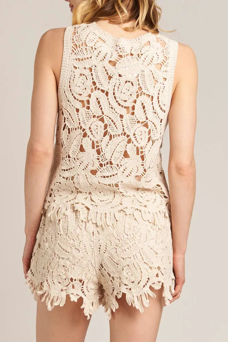 En Crème En Crème Sleeveless Beige Crochet Top and Shorts Set - Outfit Sets