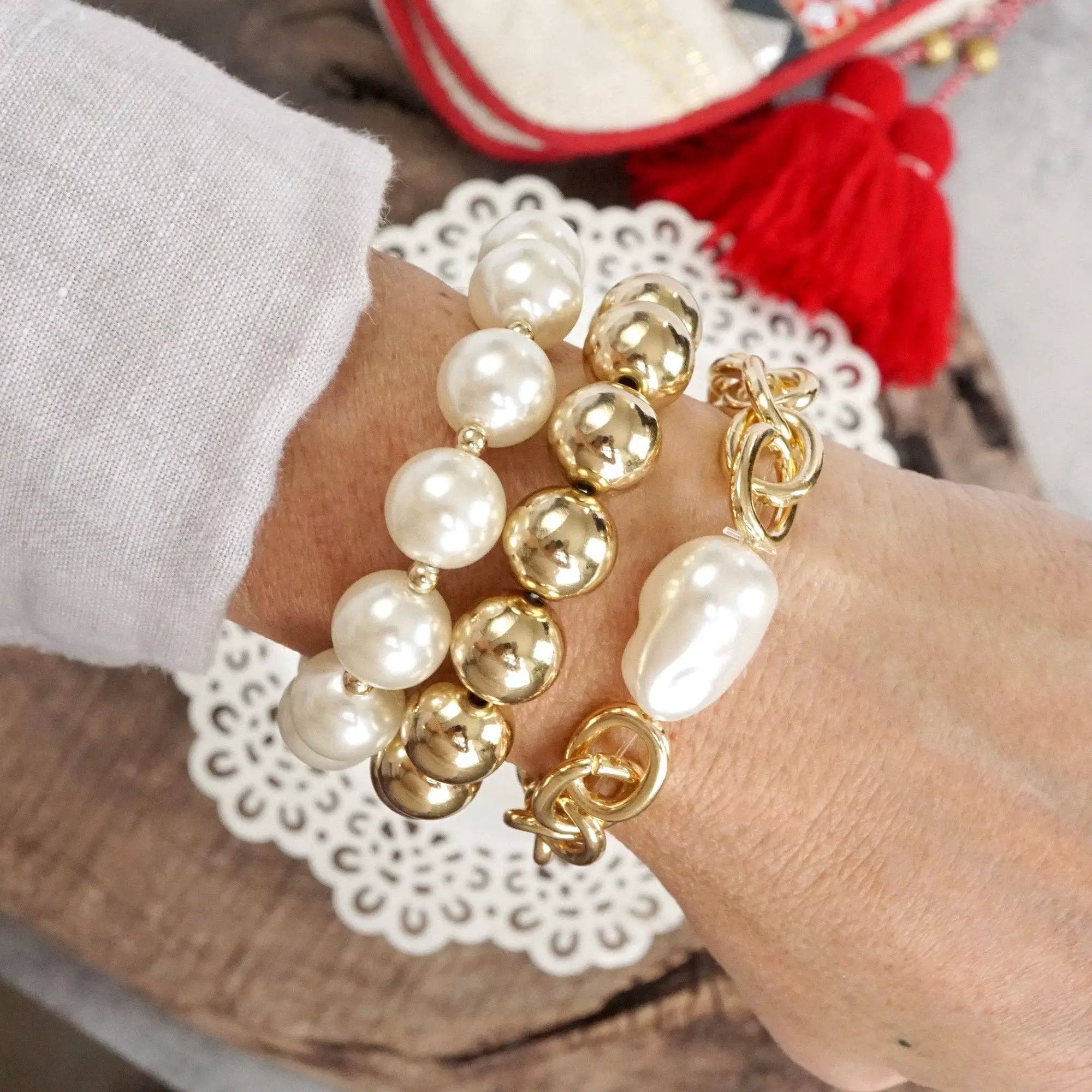PennyLine inc The Chunky Chain & Pearl Stack Bracelet Set - Jewelry chunky chain and beads bracelet