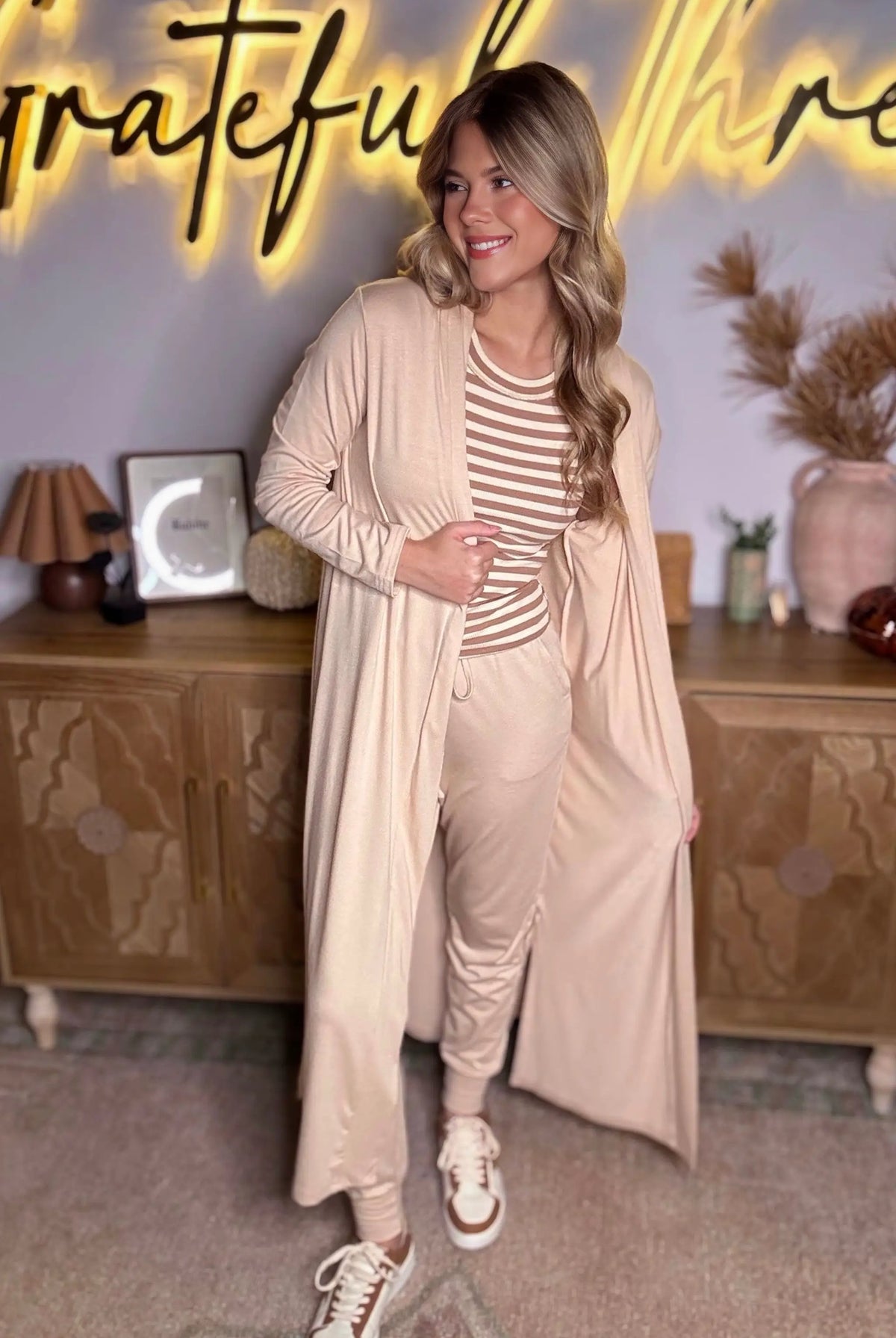 Grateful Threads Boutique Parchment Split Long Cardigan and Skinny Pants Lounge Set - Loungewear