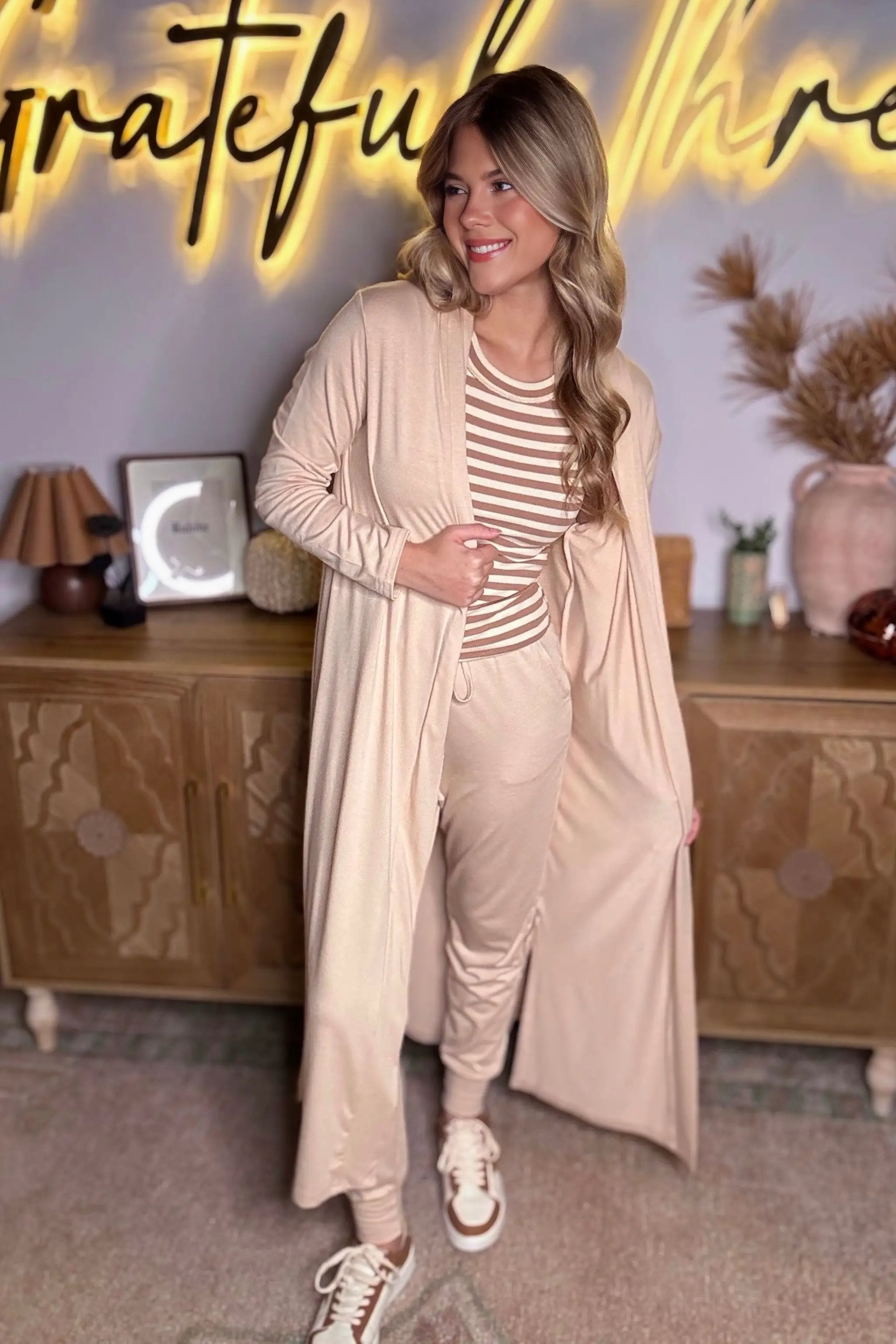 Grateful Threads Boutique Parchment Split Long Cardigan and Skinny Pants Lounge Set - Loungewear