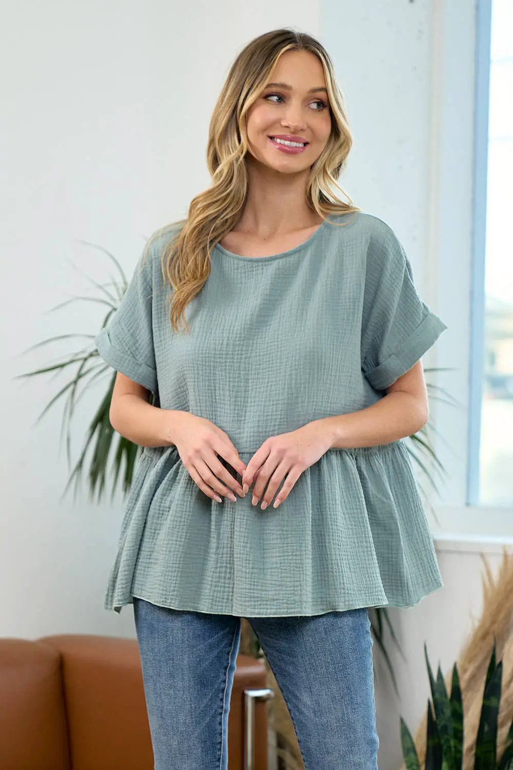 lovely melody Cotton Double Gauze Solid Babydoll Blouse - Blouses cotton gauze babydoll blouse