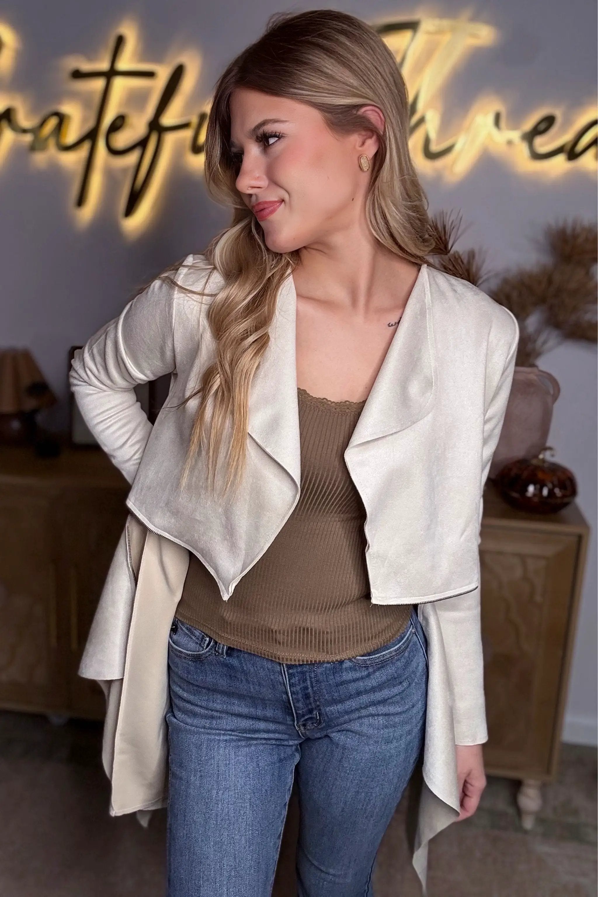 Active Basic | Active USA Active Basic | Active USA - Long Sleeve Front Two Zipper Detail Faux Suede Long Jacket in IVY - Coats & Jackets Long Sleeve Front Two Zipper Detail Faux Suede Long Jacket