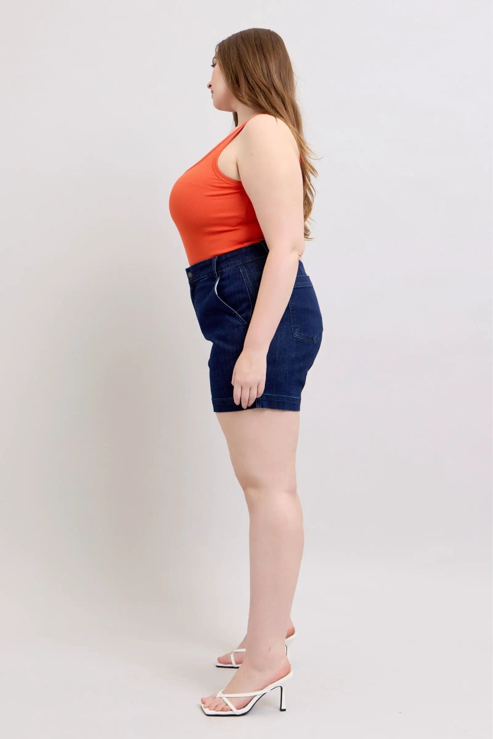 Judy Blue The High Waist Tummy Control Dark Denim Trouser Shorts: CURVY - Shorts