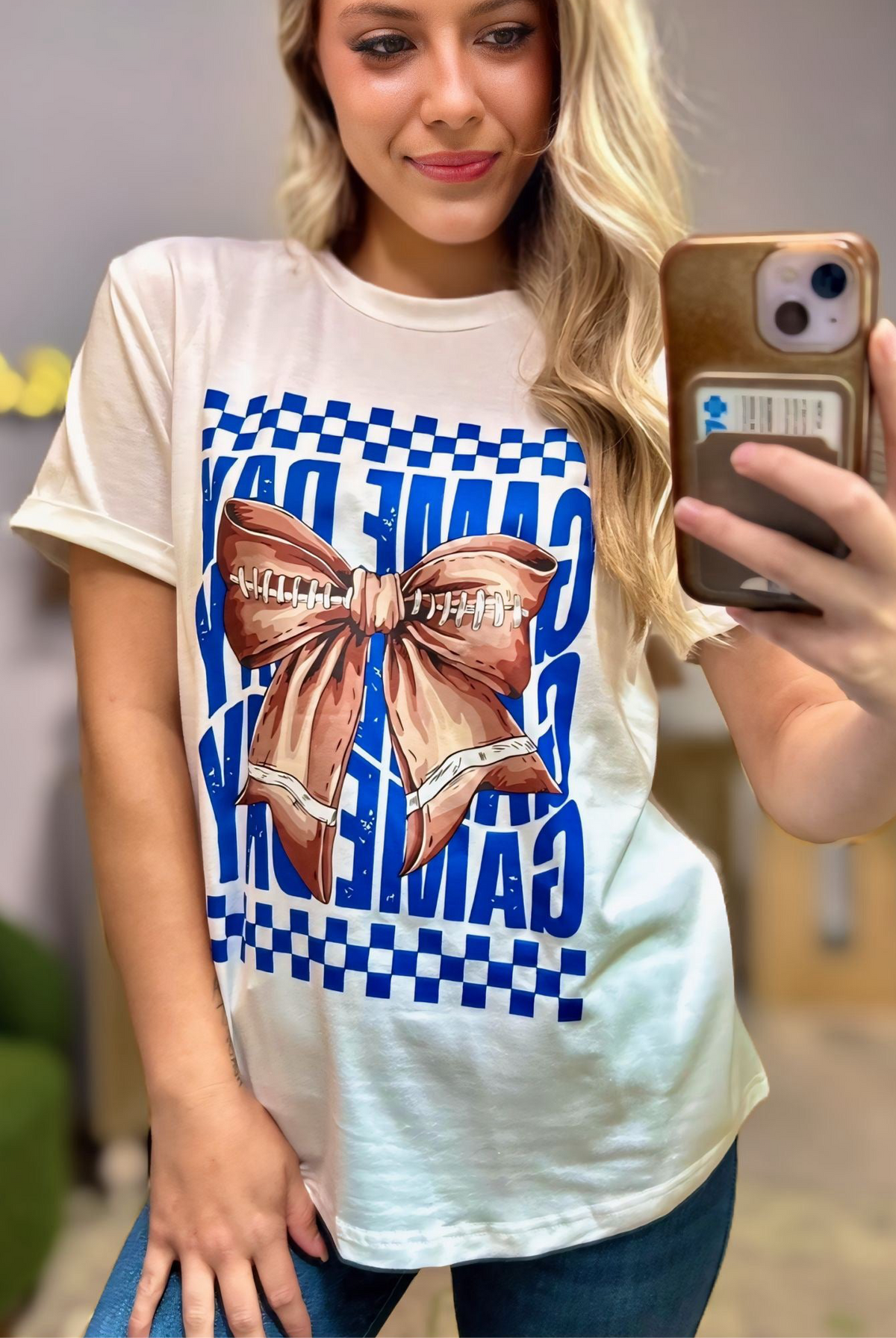 Grateful Threads Boutique White Football Bowknot Game Day Graphic Tee - T-Shirts White Rugby Bowknot Game Day Graphic Tee