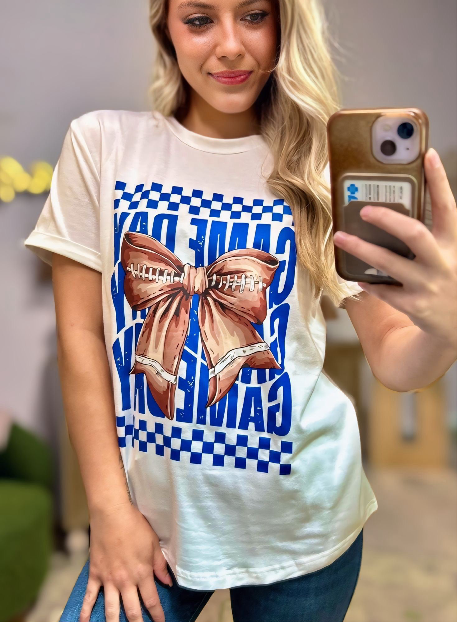 Grateful Threads Boutique White Football Bowknot Game Day Graphic Tee - T-Shirts White Rugby Bowknot Game Day Graphic Tee