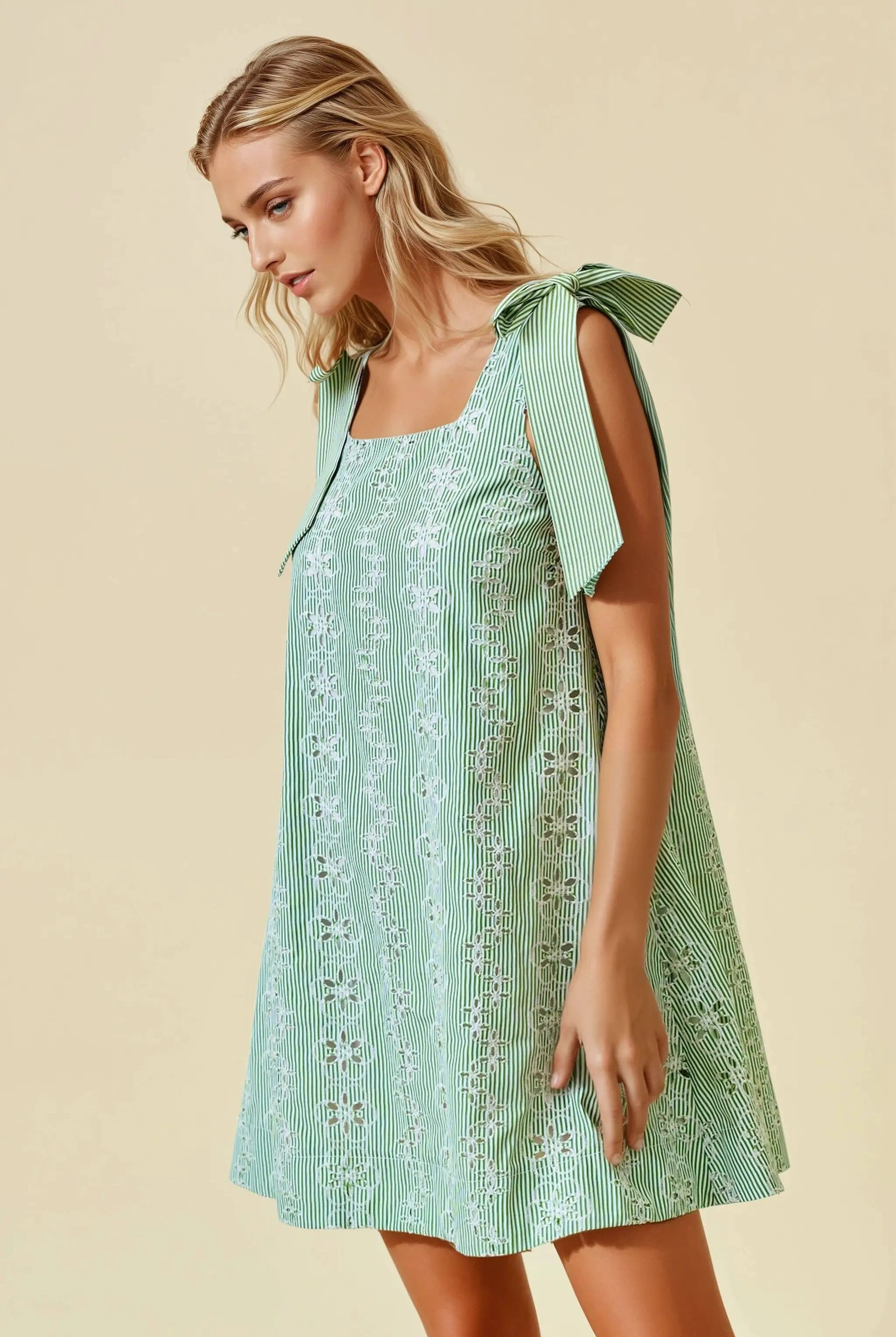 Doe and Rae The Kiwi Garden Eyelet Tie-Shoulder Mini Dress - Dresses