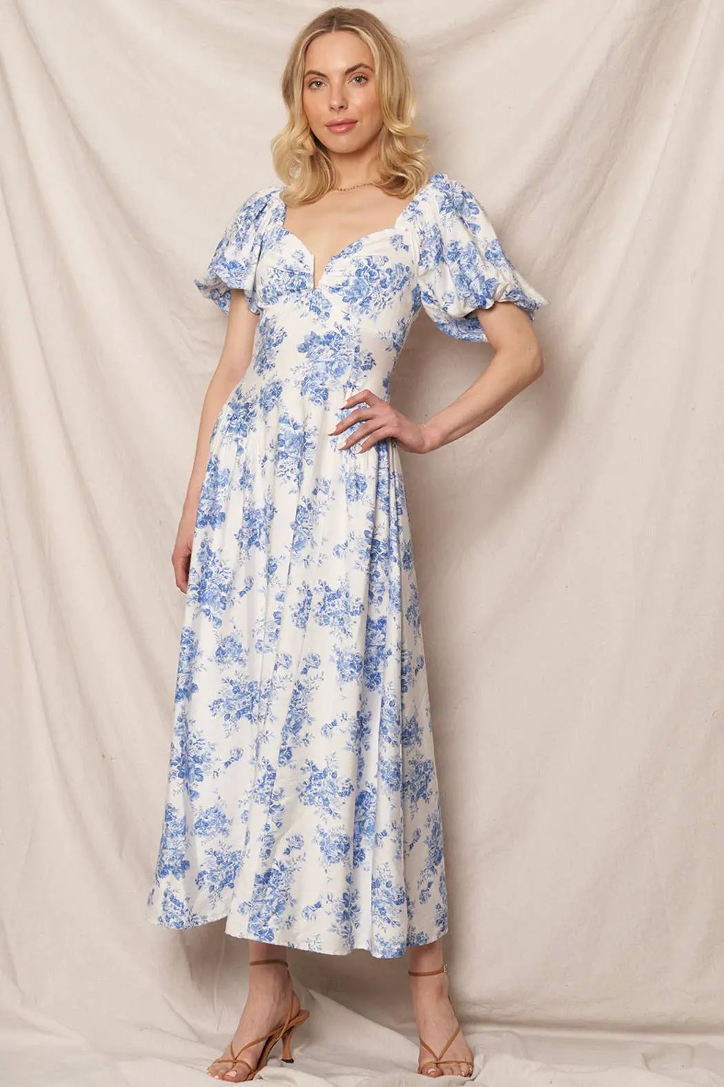 En Crème En Crème - Puff Sleeve Floral Print Midi Dress: White Blue - Dresses spring dress