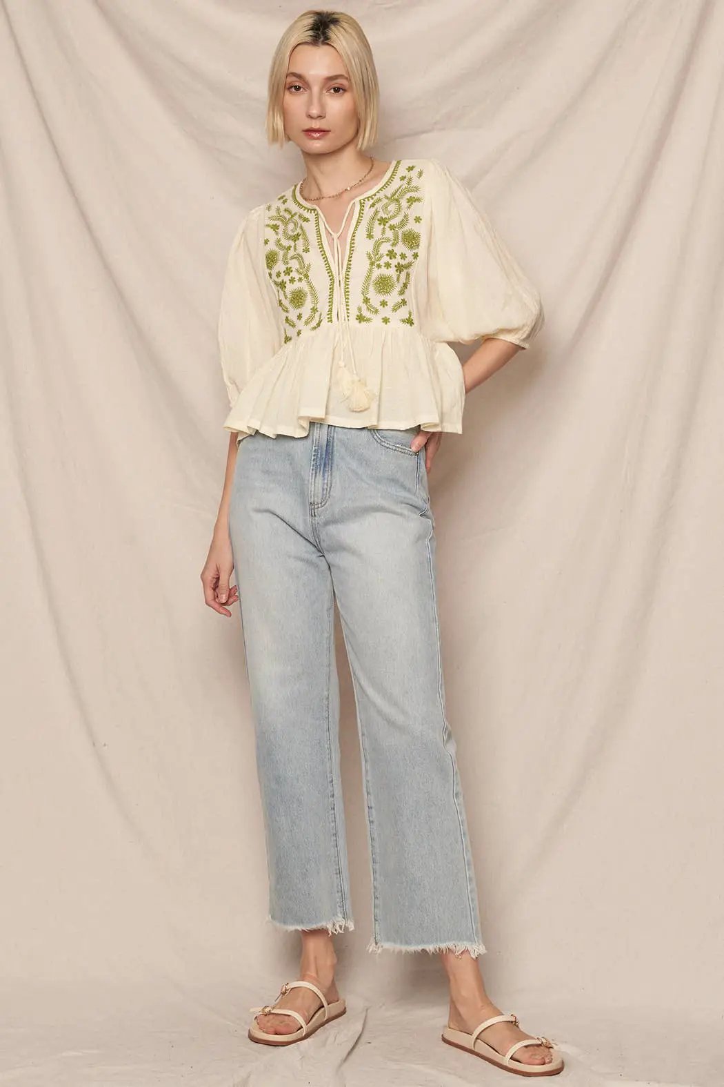En Crème En Crème Cream Olive Puff Sleeve Peplum Top with Embroidery Detail - Blouses summer crop top
