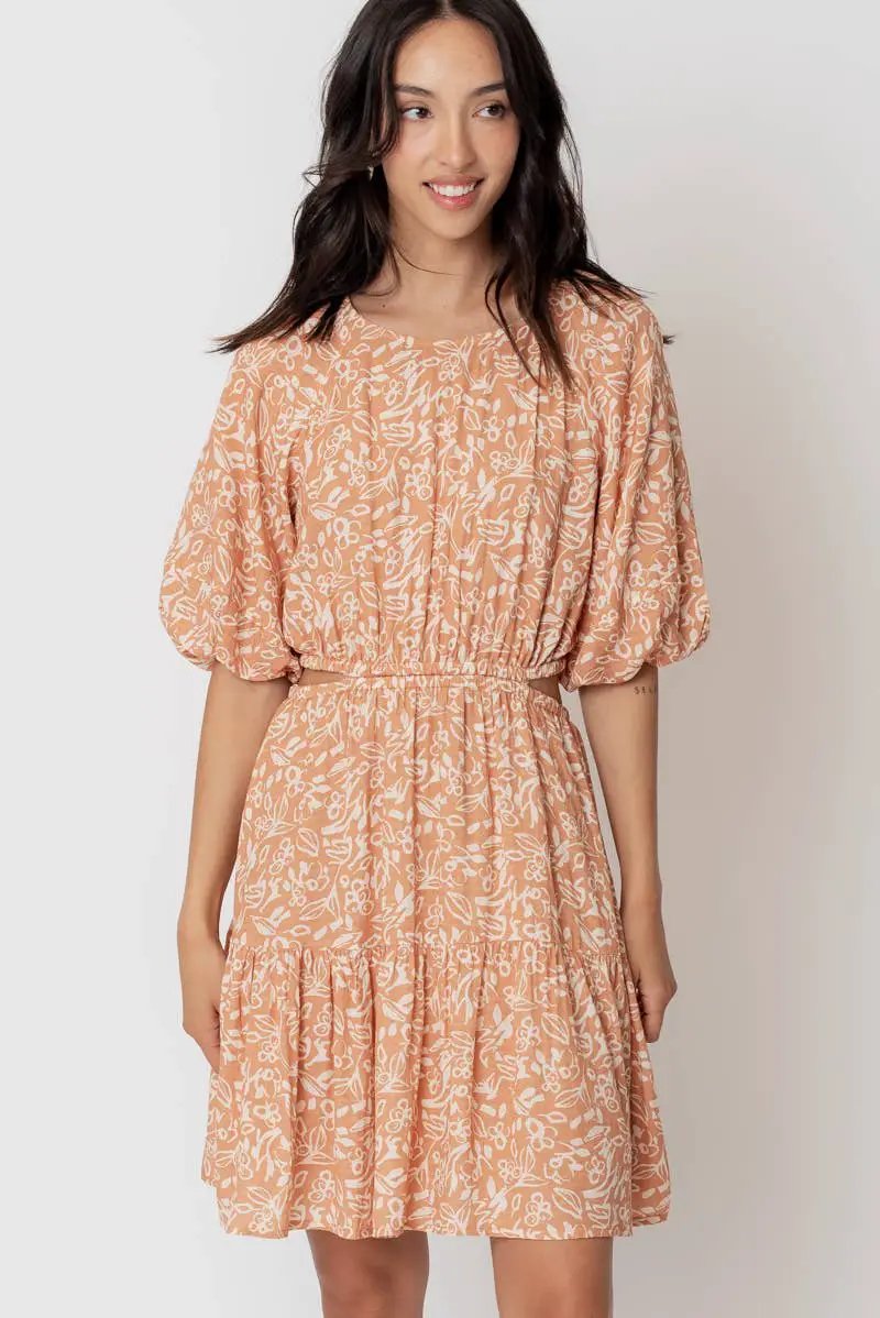 En Crème En Crème Light Brown Balloon Sleeve Mini Dress with Back Buttons - Dresses Balloon sleeve mini dress