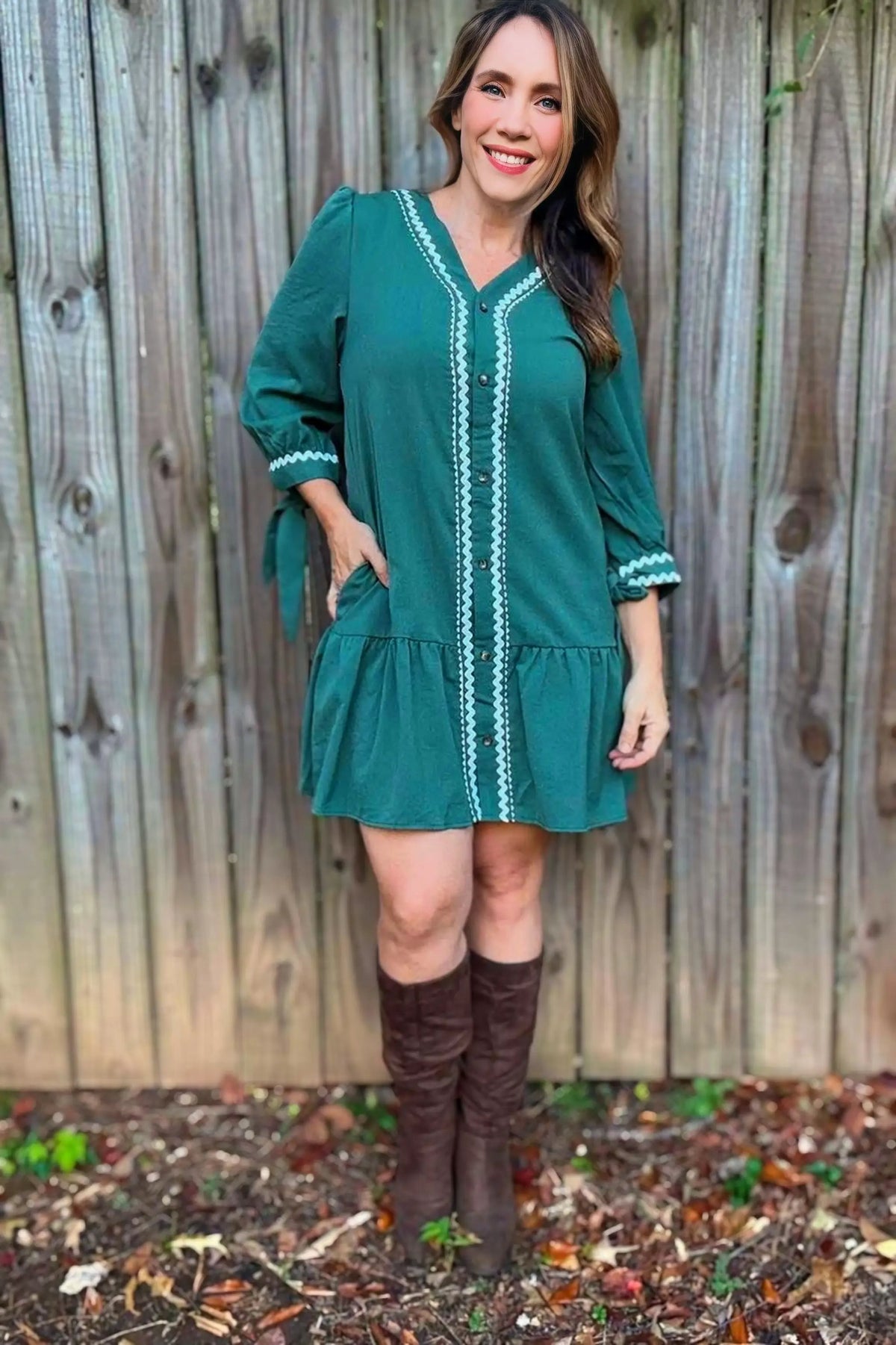 Grateful Threads Boutique Canton Knot Bracelet Sleeve Contrast Ricrac Trim Button V-Neck Shift Dress - Dresses Canton Knot Bracelet Sleeve Contrast Ricrac Trim Button V Neck Shift Dress