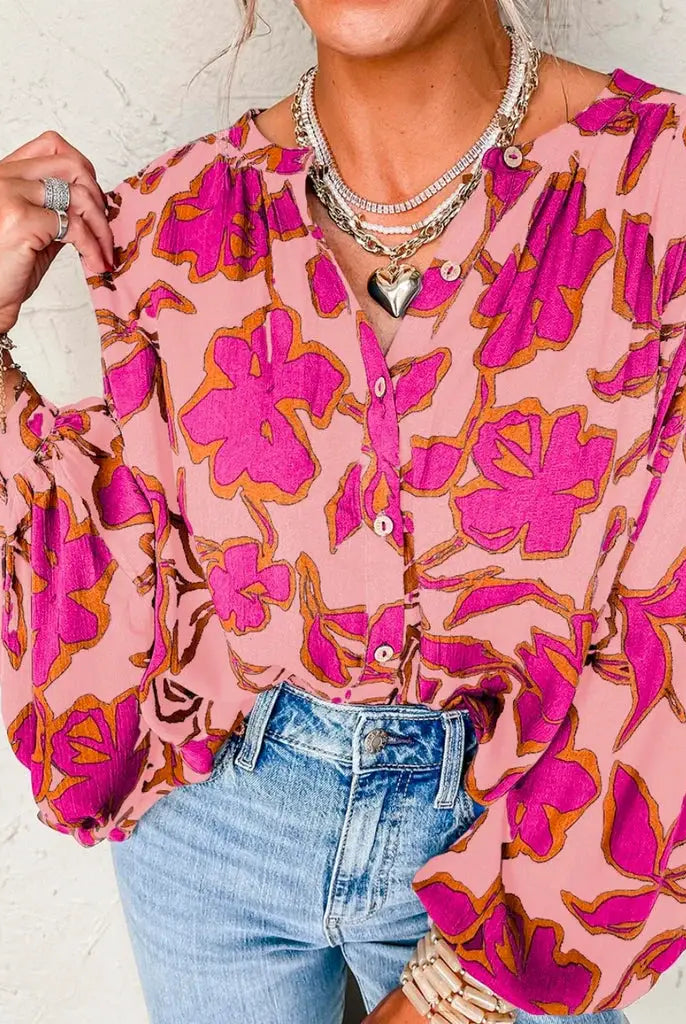 Grateful Threads Boutique Pink & Orange Floral Batwing Sleeve Button-Up Loose Fit Blouse - Blouses pink floral batwing sleeve blouse