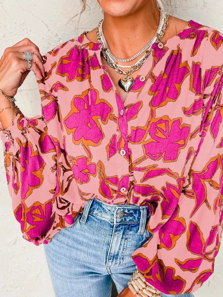 Grateful Threads Boutique Pink & Orange Floral Batwing Sleeve Button-Up Loose Fit Blouse - Blouses pink floral batwing sleeve blouse