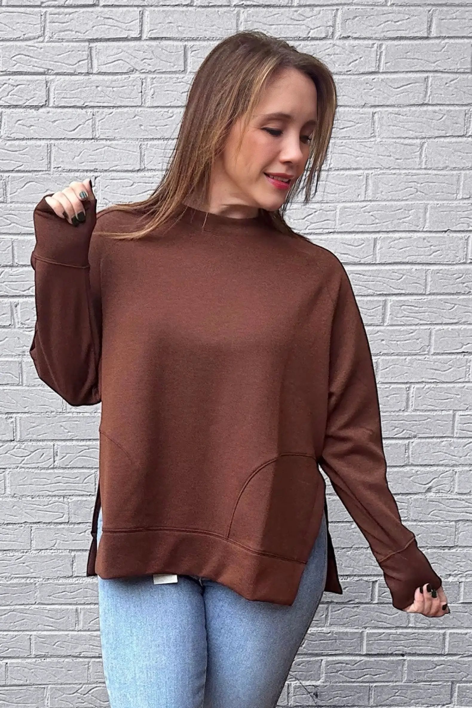 Zenana Zenana Scuba Round Neck Pullover with Side Slits - Sweatshirts Zenana Scuba Round Neck Pullover with Side Slits