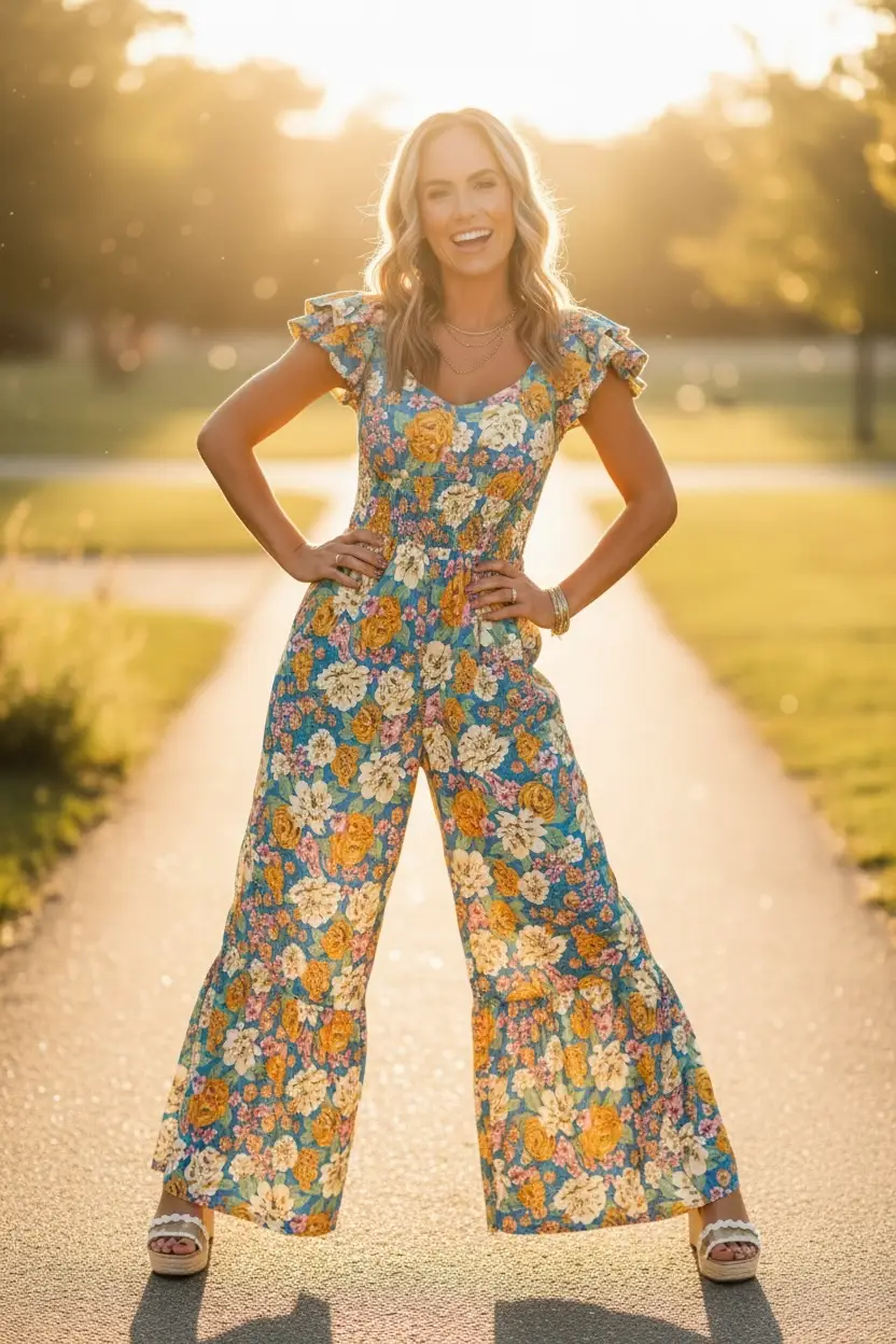 Grateful Threads Boutique The Golden Bloom Flutter Sleeve Jumpsuit - One-Pieces Yellow Floral Allover Print Shirred Cut Out High Waist Jumpsuit