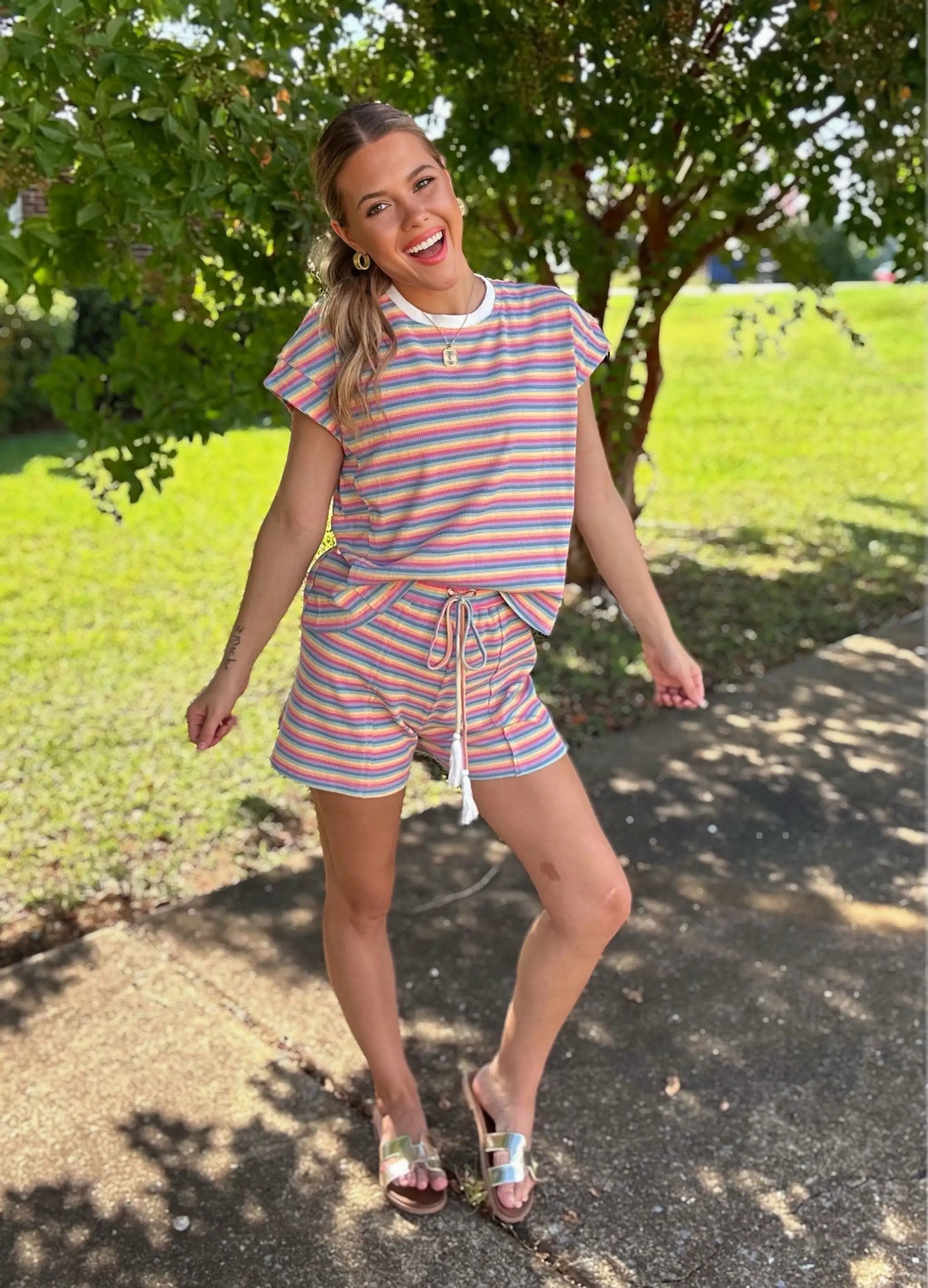 Grateful Threads Boutique Summer Stripes Lounge Set – Tee & Tassel Shorts - Outfit Sets