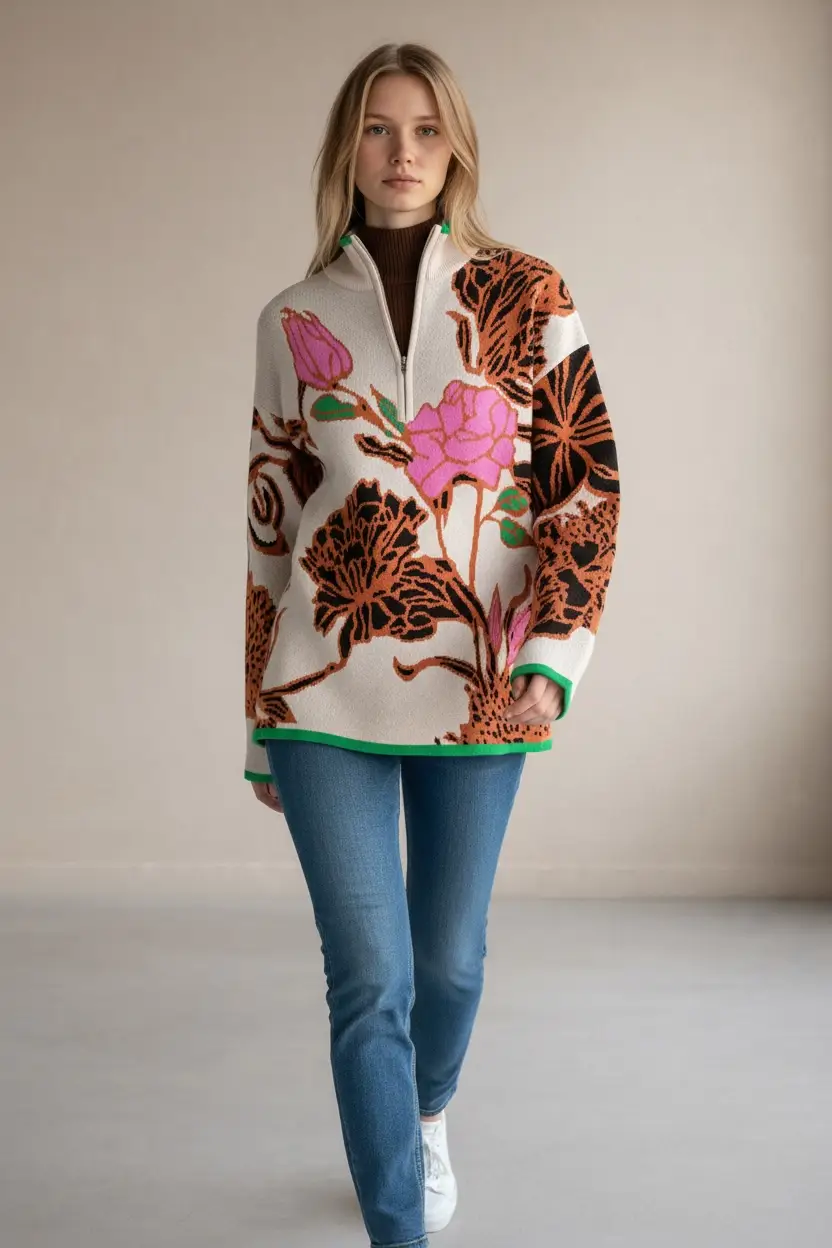 Grateful Threads Boutique Khaki Contrast Trim Floral Pattern Knit Quarter Zip Stand Neck Sweater - Sweaters Khaki Contrast Trim Floral Pattern Knit Quarter Zip Stand Neck Sweater