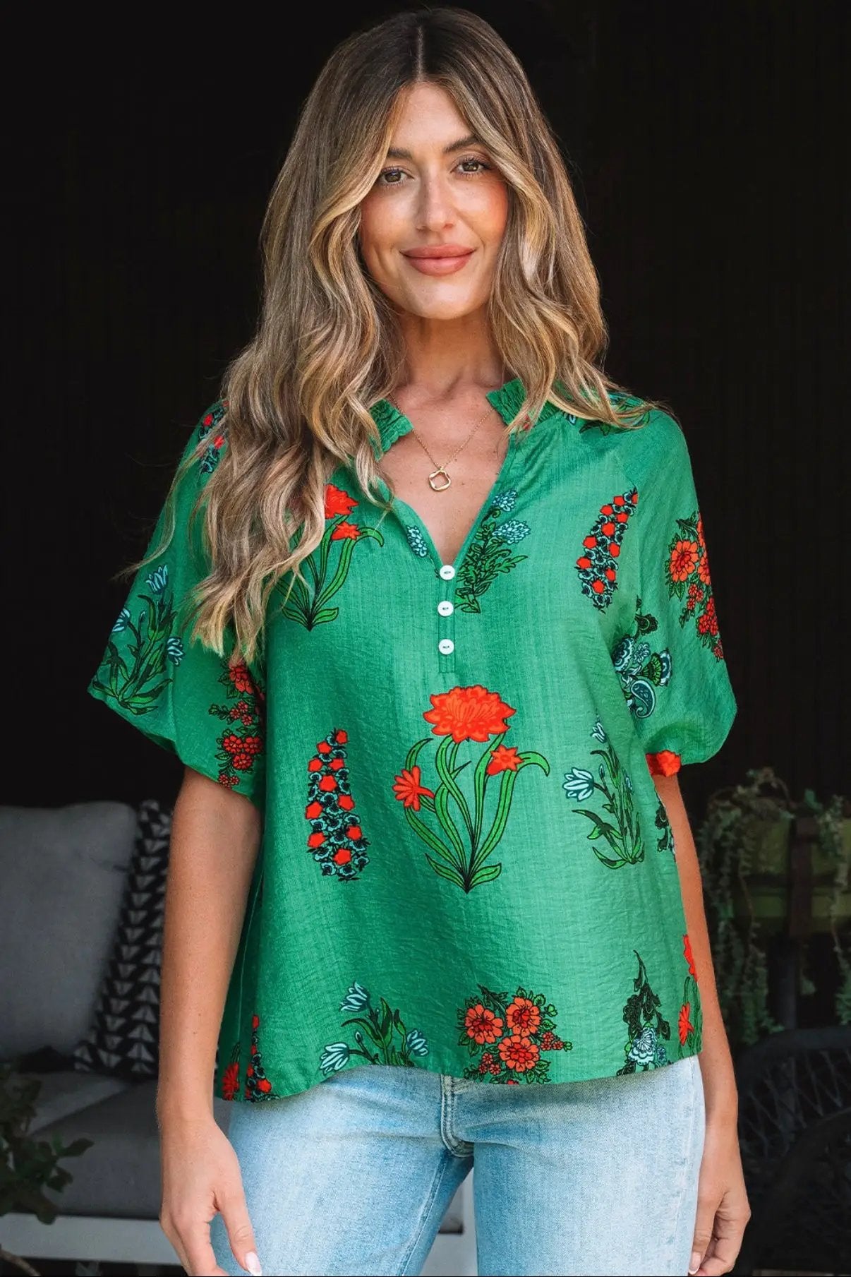 Grateful Threads Boutique Evergreen Bloom Buttoned V-Neck Floral Blouse - Blouses green floral print buttoned v neck blouse