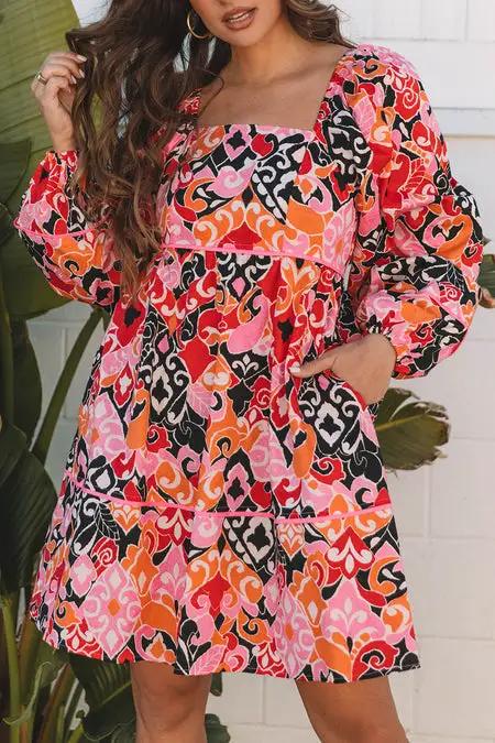 Grateful Threads Boutique Pink Bohemian Square Neck Mini Dress - Dresses