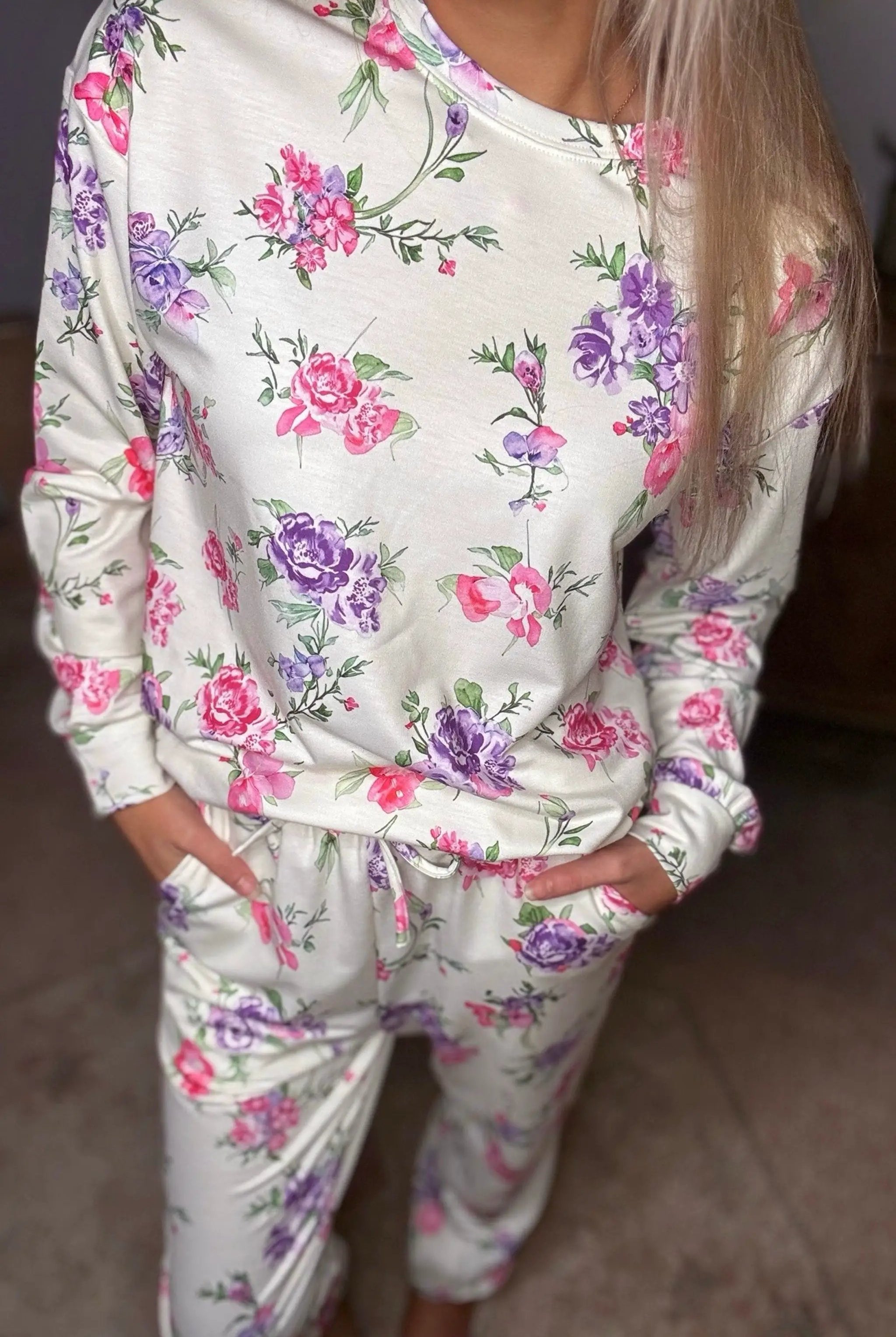 Grateful Threads Boutique Wildflower Dreams Lounge Set - Loungewear Apricot Floral Print Pullover Drawstring Lounge Pant Set