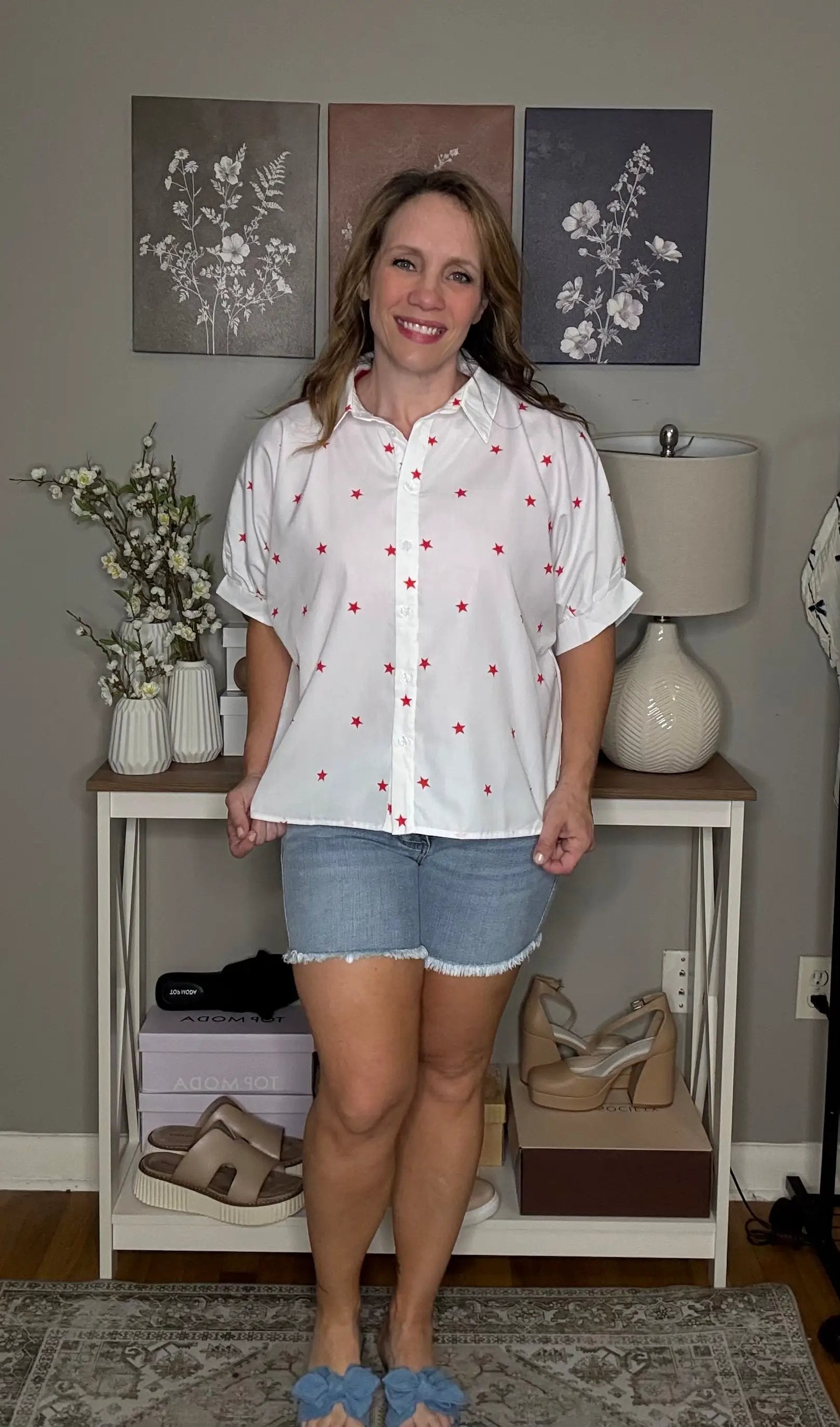 Grateful Threads Boutique White Red Little Stars Half Sleeve Shirt - Shirts white red little stars blouse