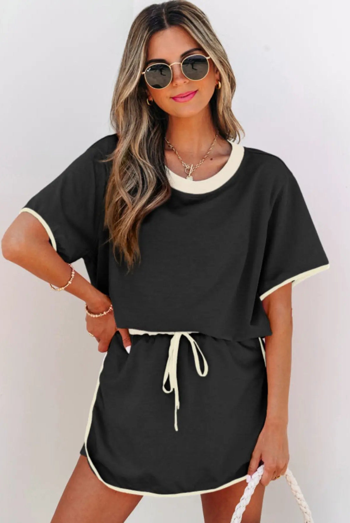 Grateful Threads Boutique Black Colorblock Edge Drop Shoulder T-Shirt and Skort Set - Outfit Sets Black Colorblock Edge Drop Shoulder T Shirt and Skort 2Pcs Set