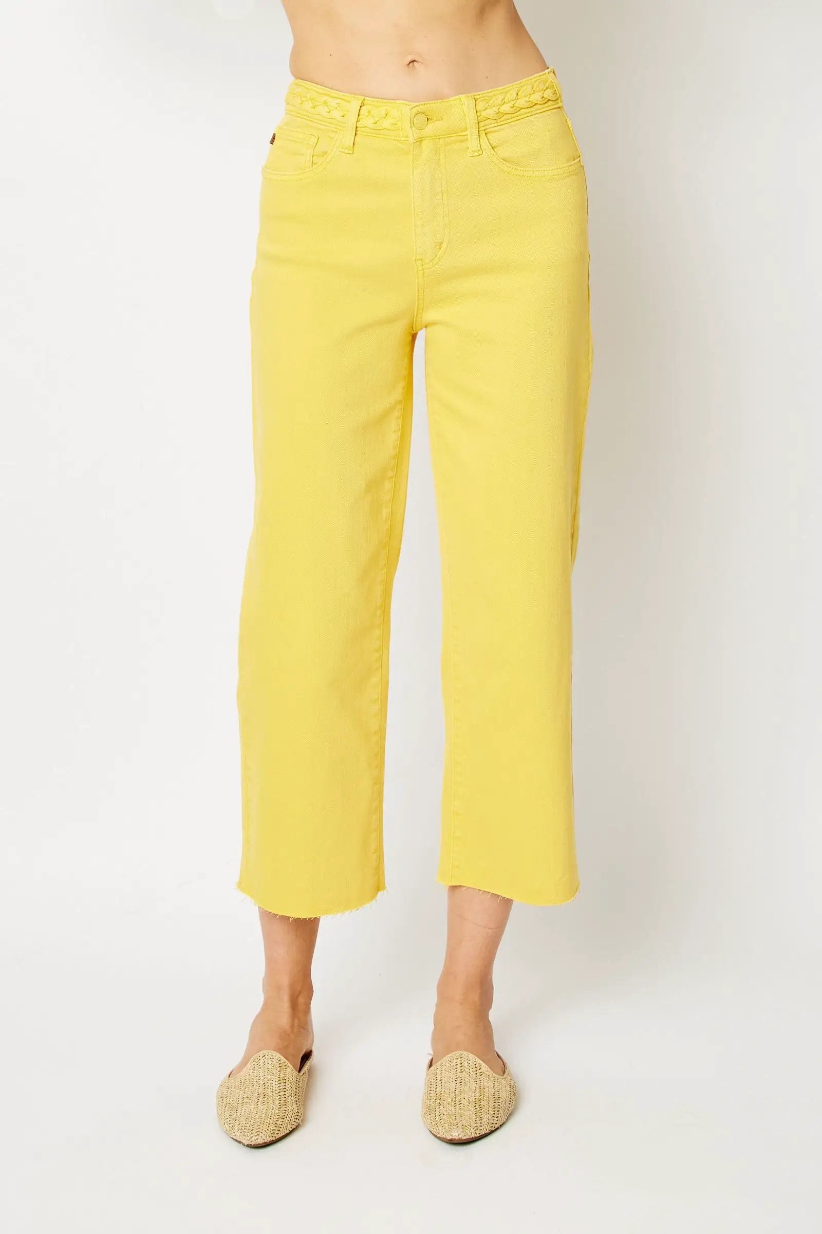 Judy Blue The Braided Waist Band Yellow Cropped Wide Leg Jeans - Jeans Judy Blue High Waisted Yellow Garment Dyed Braided Waist Band Cropped Wide Leg Denim Jeans