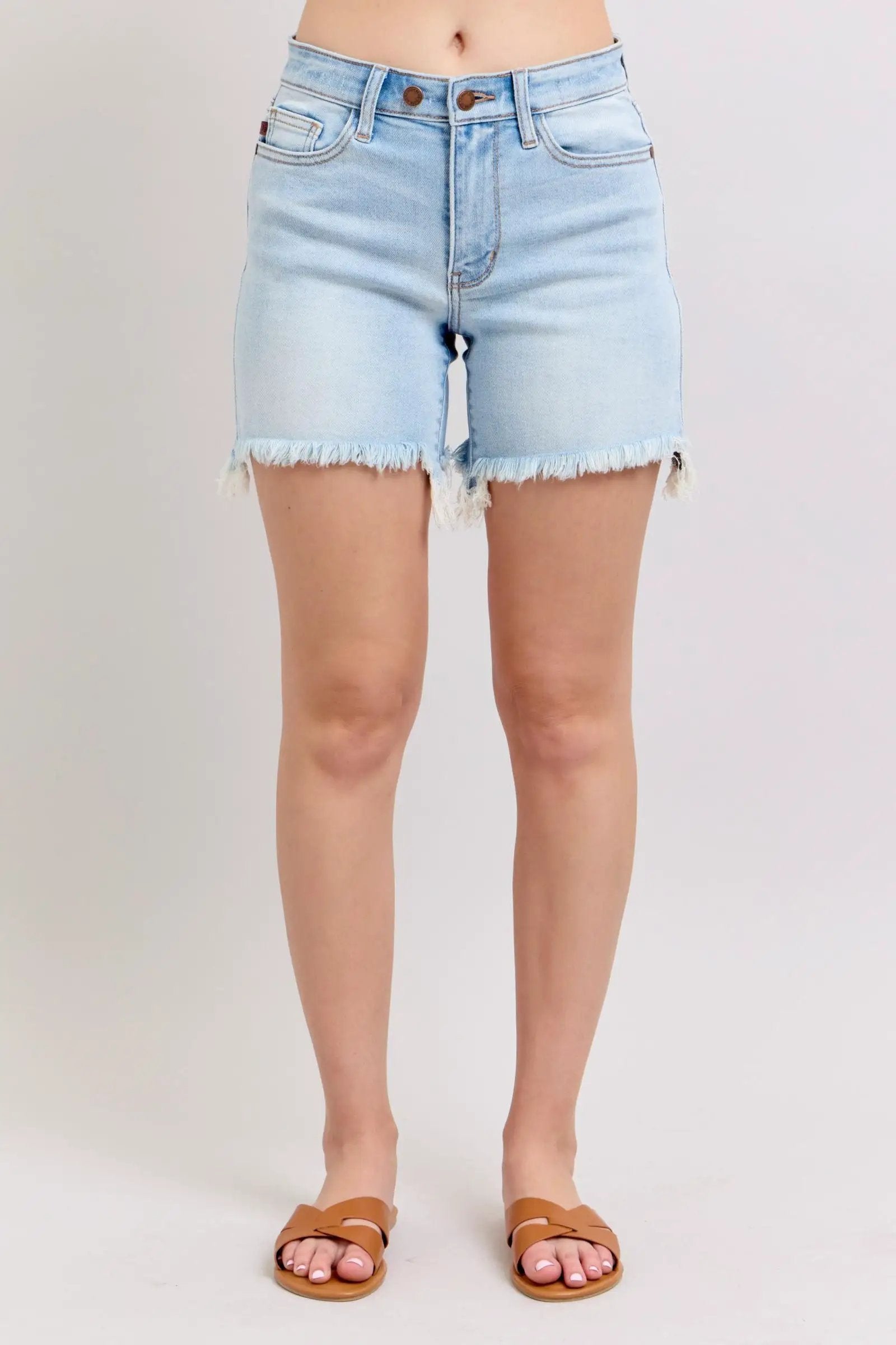Judy Blue Judy Blue 2 Button Light Blue Denim Mid Length Dad Shorts - Shorts Judy blue dad shorts