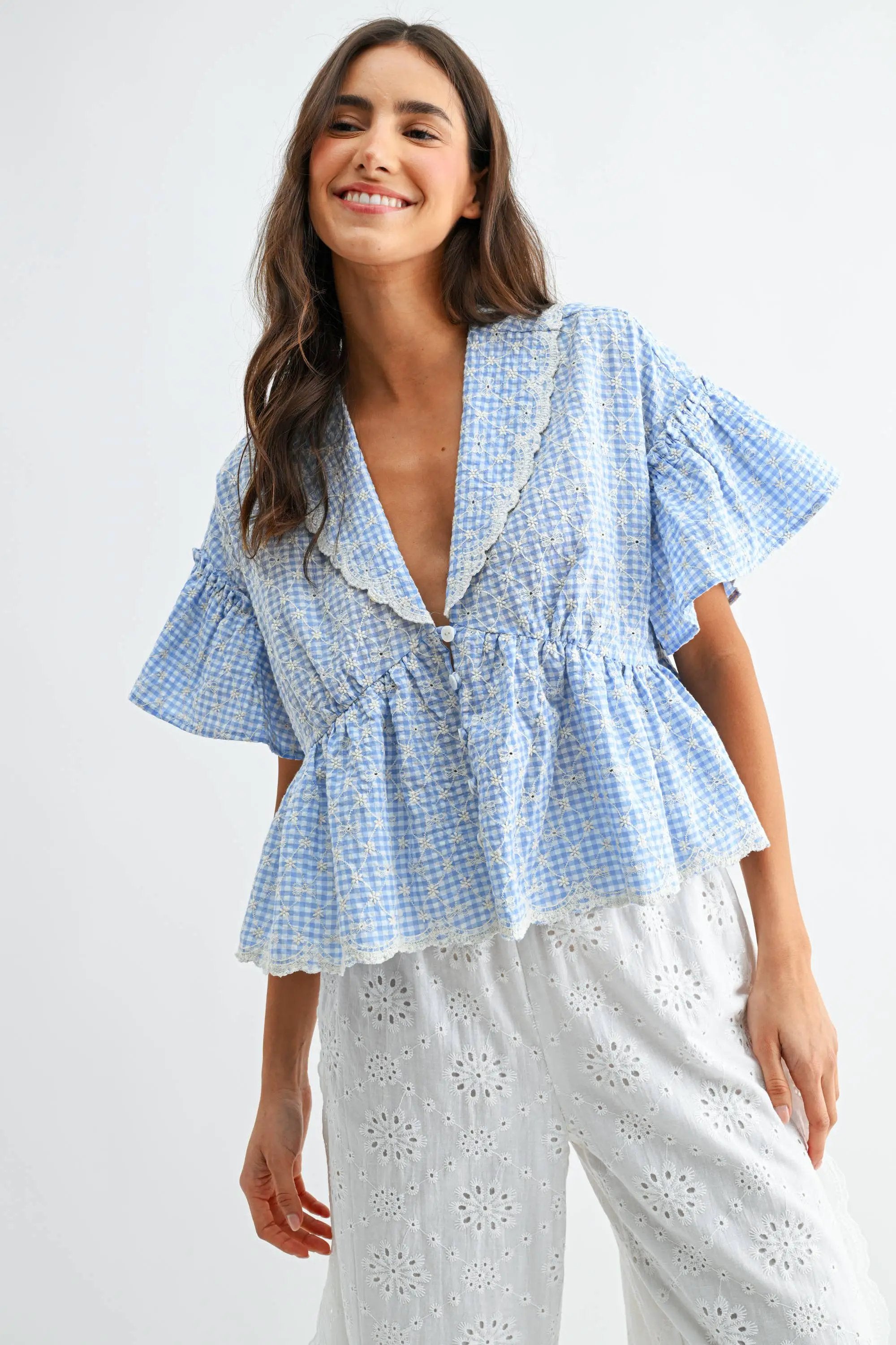 Camellia The Blue Gingham Embroidered Peplum Blouse - Blouses