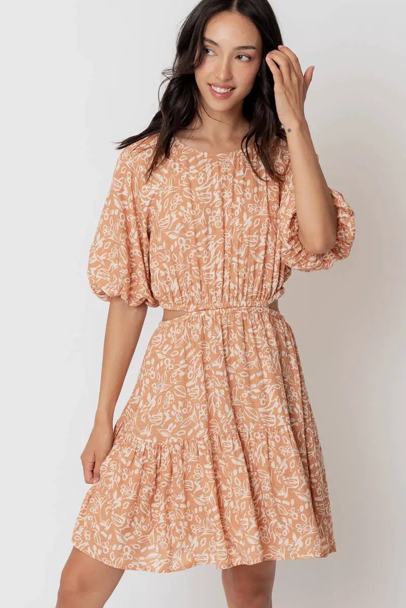 En Crème En Crème Light Brown Balloon Sleeve Mini Dress with Back Buttons - Dresses Balloon sleeve mini dress