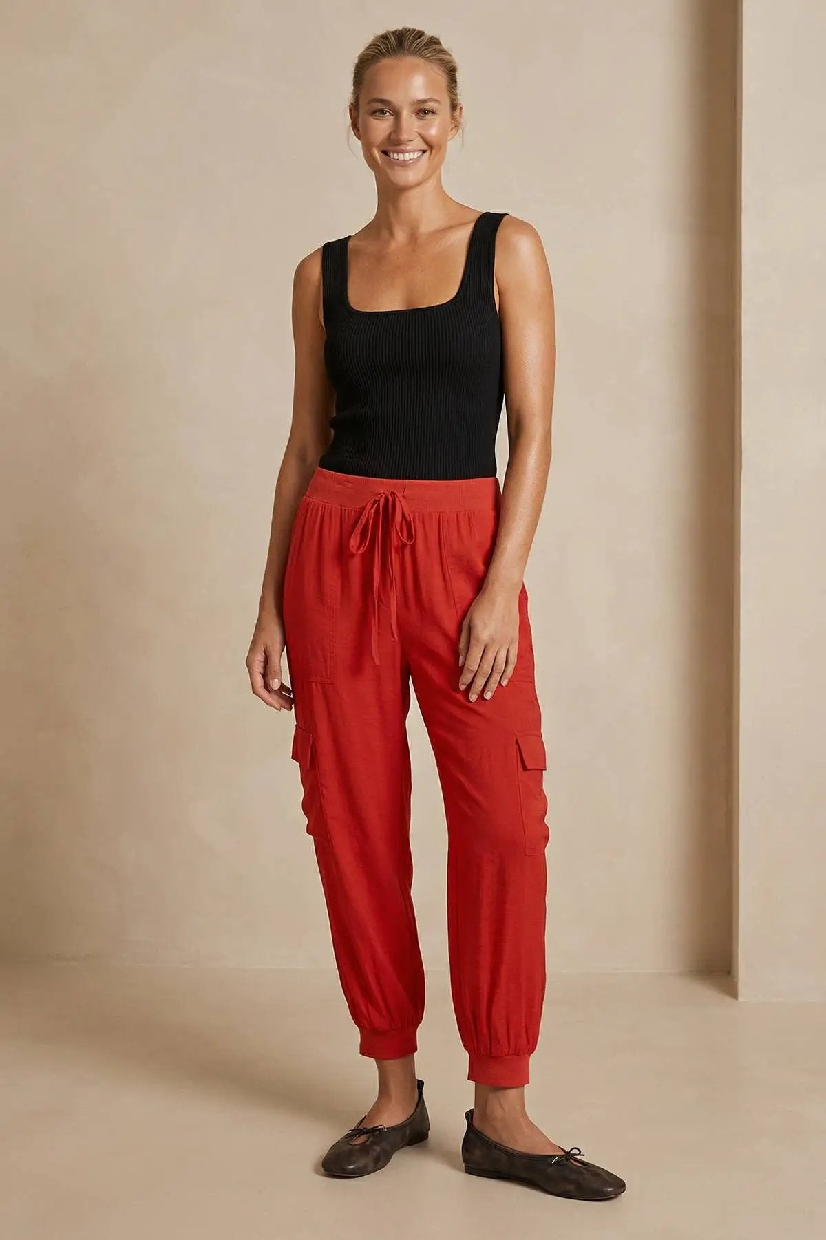 Naked Zebra Silky Ribbed Trim Knit Joggers: Red - Joggers