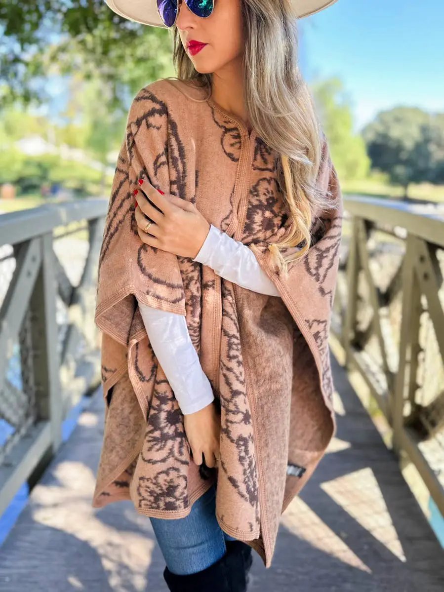 AMOLI AMOLI - Camel Elegant Floral Print Cape Shawl Ruana Cardigan - Cardigans