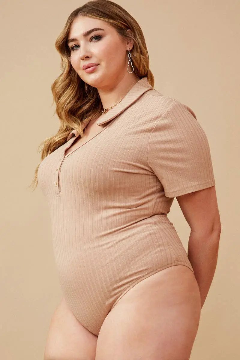 Hayden LA Hayden LA - Women's Back Cutout Collared Rib Bodysuit: Taupe - Bodysuits