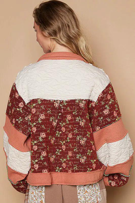 POL POL Quilted Patchwork Retro Floral Waffle Knit Frayed Raw Bohemian Button Jacket - Coats & Jackets