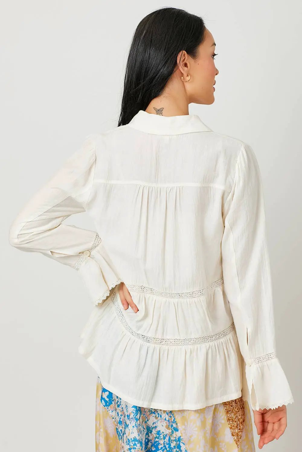 Mystree The Whispering Willow Tiered Lace Button-Down Blazer - Blouses