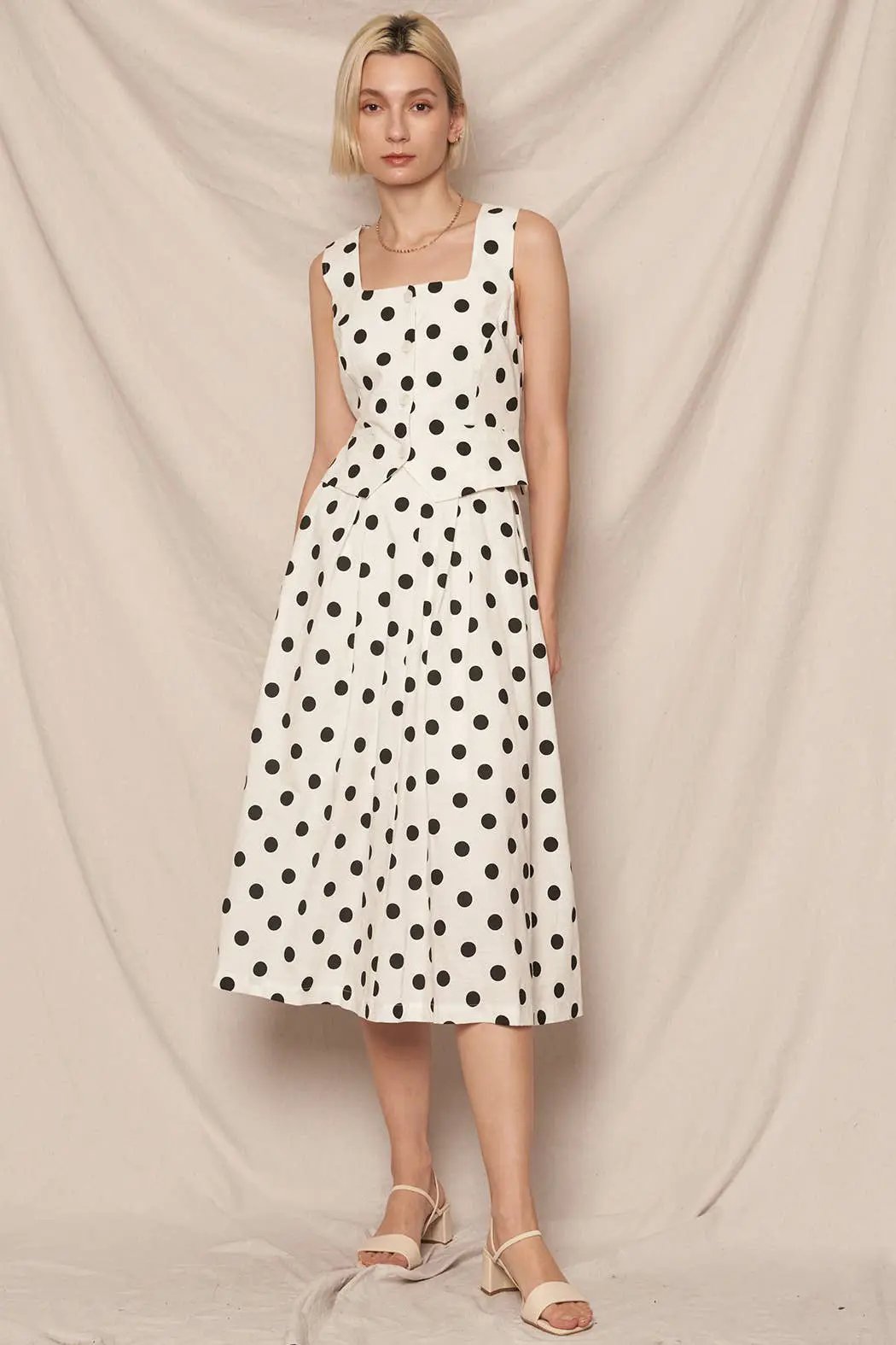 En Crème En Crème White Pleated A-Line Midi Skirt with Black Polka Dots - Skirts