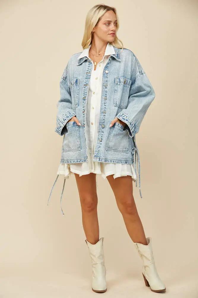 WISTERIA LANE Wisteria Lane - Free Spirit Side-Tie Oversized Light Wash Denim Jacket - Coats & Jackets