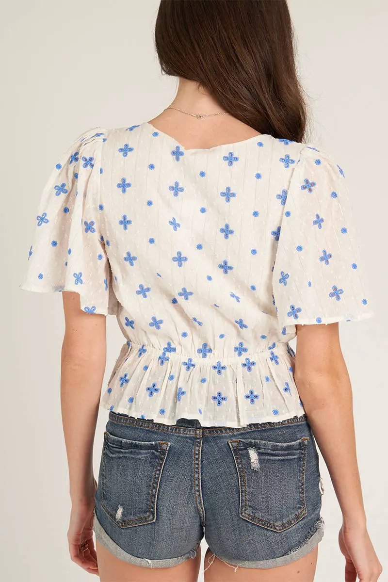 En Crème En Crème - Flutter Sleeve V-Neck Top: White Blue - Clothing Tops