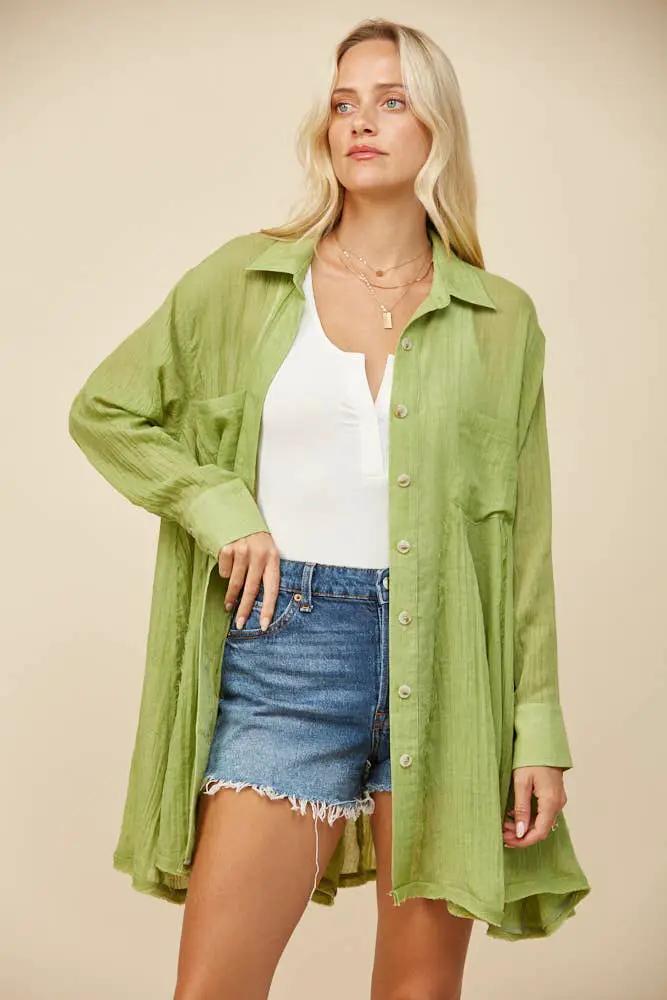 WISTERIA LANE Wisteria Lane - Lime Gauze Wide Sweep Paneled Shirt Dress - Dresses