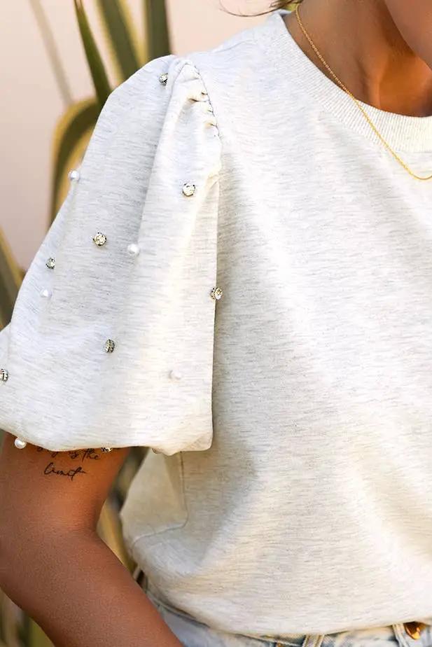 1 the Woman Rhinestone Pearl Puff Half Sleeve Top - Shirts Rhinestone Pearl Puff Half Sleeve Top