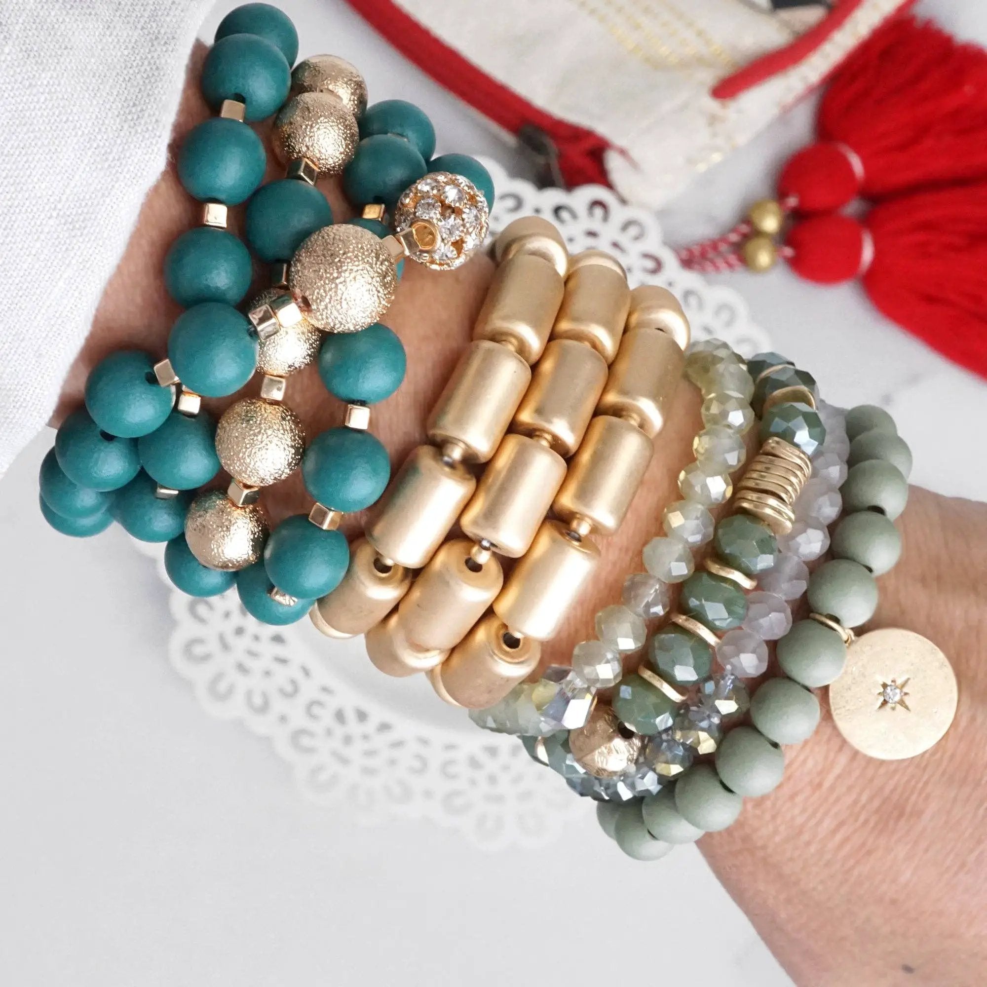 PennyLine inc The Olive Beaded Coin Stack Bracelet Set - Bracelets beaded bracelets stack in olive green
