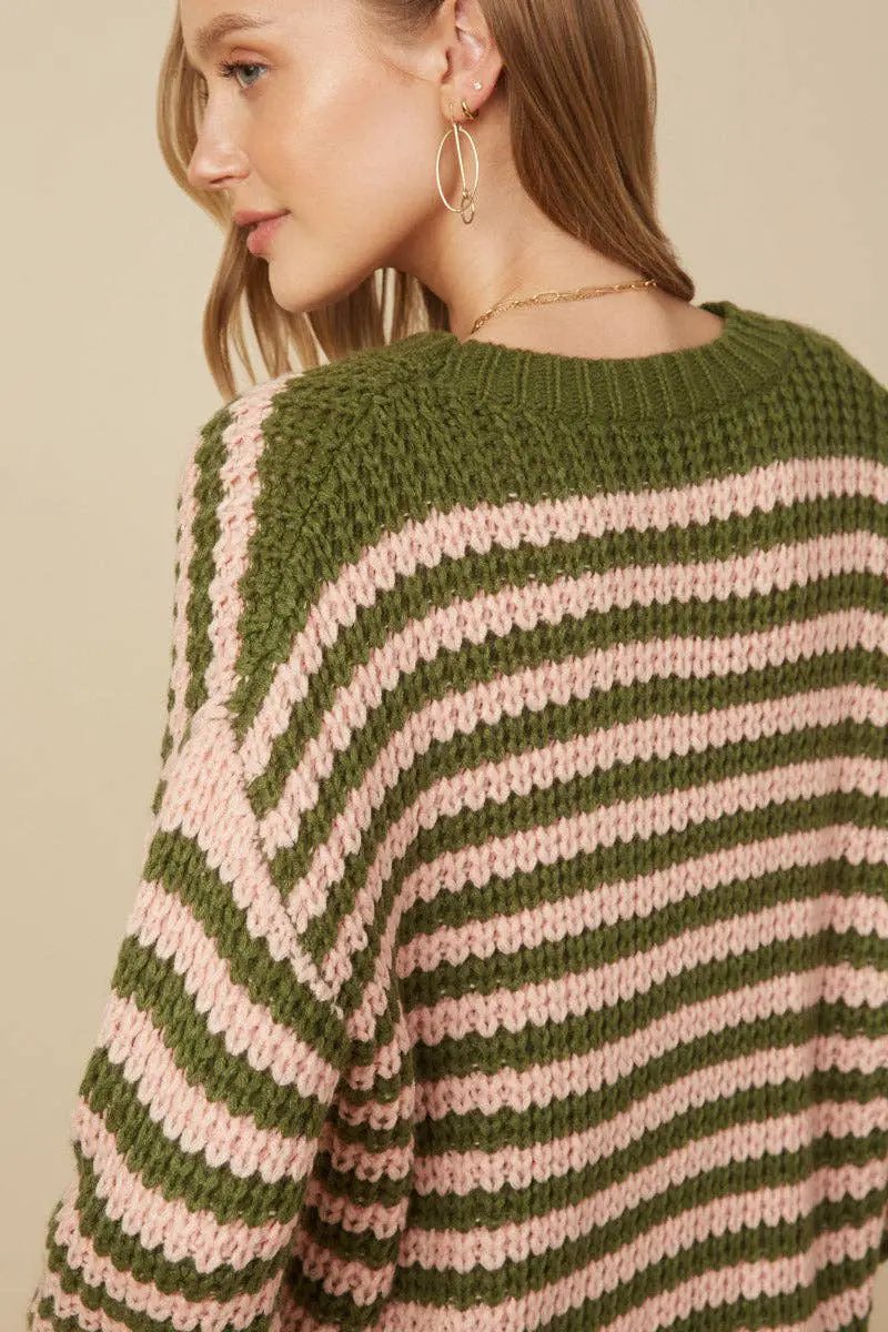 Hayden LA Hayden LA - Womens Striped Drop Shoulder Low Gauge Sweater: Olive & Pink Mix - Sweaters