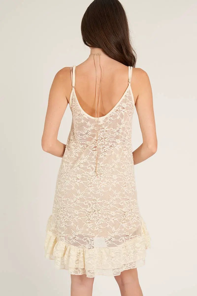 En Crème En Crème - Spaghetti Strap Lace Dress with Ruffle Hem: Beige - Dresses