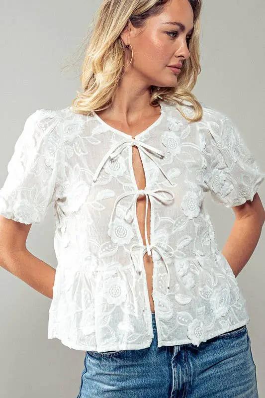 Urban Daizy Romantic Garden Lace Top - Blouses white embroidered bow blouse