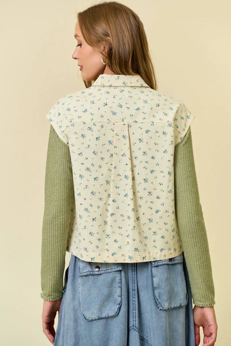 Doe and Rae The Ditsy Floral Button Front Cotton Twill Vest - Vests