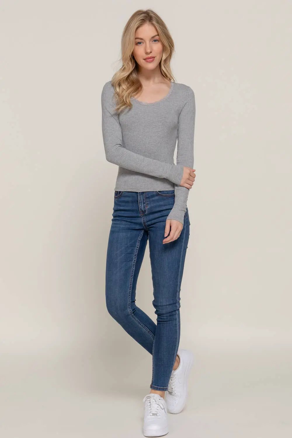 Active Basic | Active USA Active Basic | Active USA - Long Sleeve Scoop Neck with Lace Trim Rib Knit Top in Army Olive - Sweaters