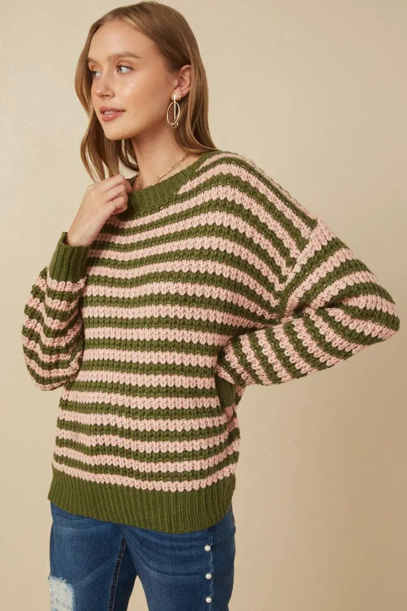 Hayden LA Hayden LA - Womens Striped Drop Shoulder Low Gauge Sweater: Olive & Pink Mix - Sweaters