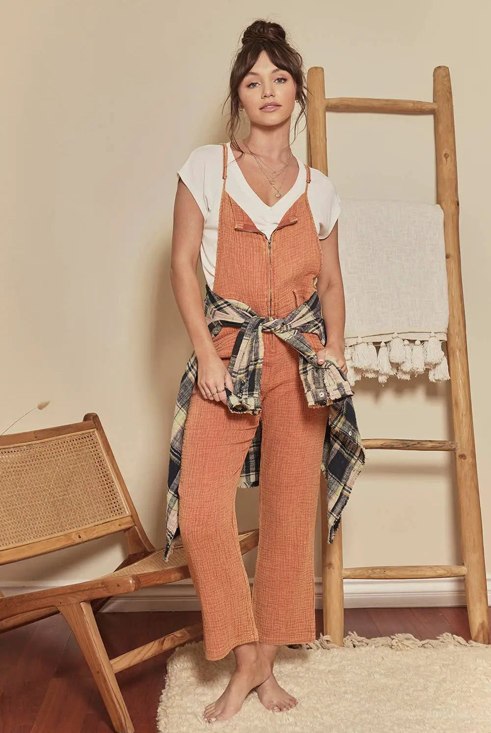 Mystree Mystree Washed Zip-Up Overall in Tangerine - One-Pieces