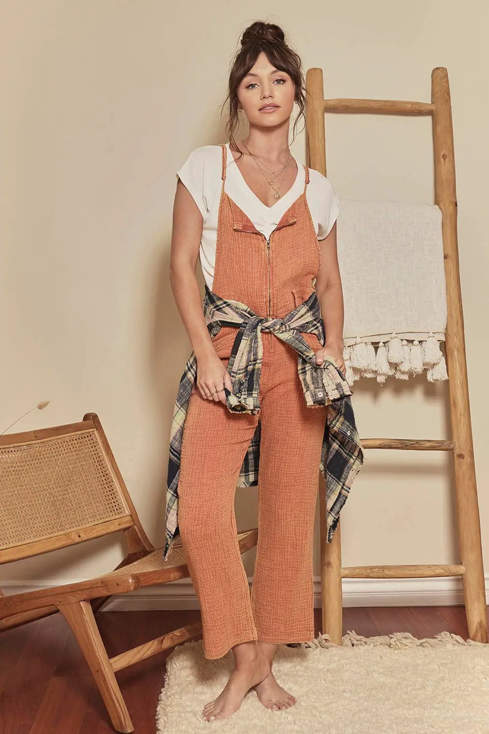 Mystree Mystree Washed Zip-Up Overall in Tangerine - One-Pieces